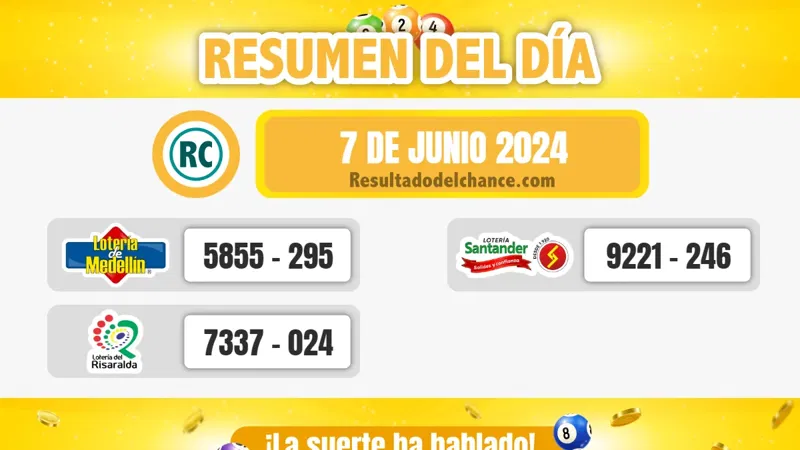Últimos resultados de Loterías de Medellín, Risaralda y Santander de hoy viernes 7 de junio de 2024