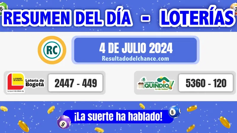 Resultados de Loterías de Bogotá y Quindío de anoche jueves 4 de julio de 2024