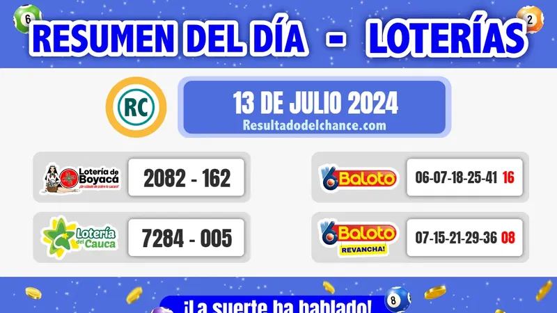 Últimos resultados de Loterías de Boyacá, Cauca y Baloto de hoy sábado 13 de julio de 2024