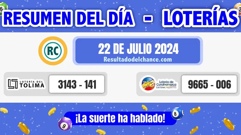 Loterías de Tolima y Cundinamarca del lunes 22 de julio de 2024