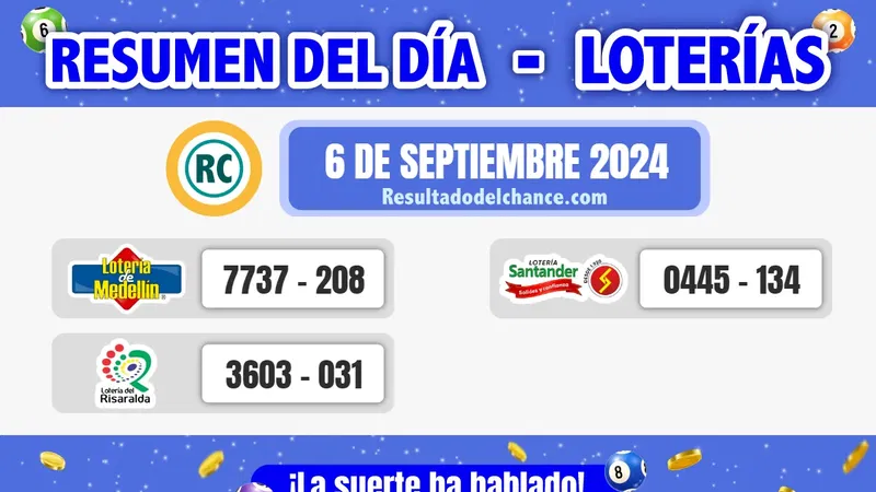 Últimos resultados de Loterías de Medellín, Risaralda y Santander de anoche viernes 6 de septiembre de 2024