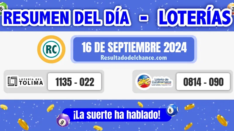 Loterías de Tolima y Cundinamarca del lunes 16 de septiembre de 2024