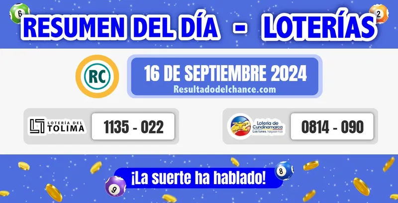 Loterías de Tolima y Cundinamarca del lunes 16 de septiembre de 2024