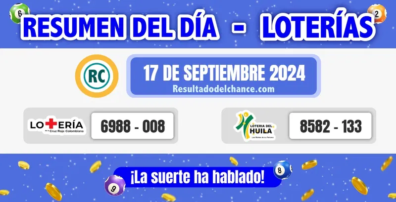 Últimos resultados de Loterías de la Cruz Roja y Huila de hoy martes 17 de septiembre de 2024