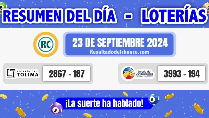 Últimos resultados de Loterías de Tolima y Cundinamarca de hoy lunes 23 de septiembre de 2024