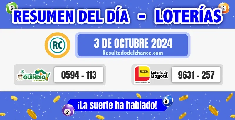 Últimos resultados de Loterías de Bogotá y Quindío de hoy jueves 3 de octubre de 2024