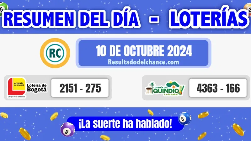 Loterías de Bogotá y Quindío de hoy jueves 10 de octubre de 2024