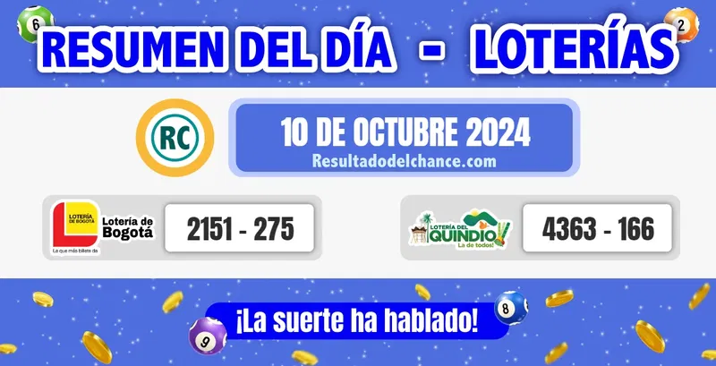 Loterías de Bogotá y Quindío de hoy jueves 10 de octubre de 2024