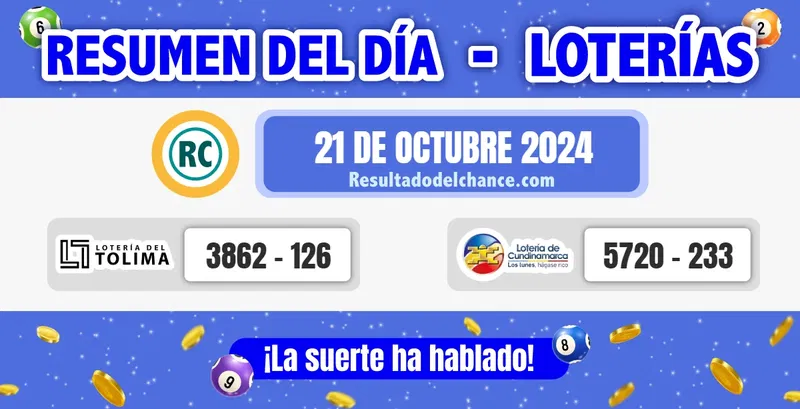 Resultados de Loterías de Tolima y Cundinamarca de ayer lunes 21 de octubre de 2024