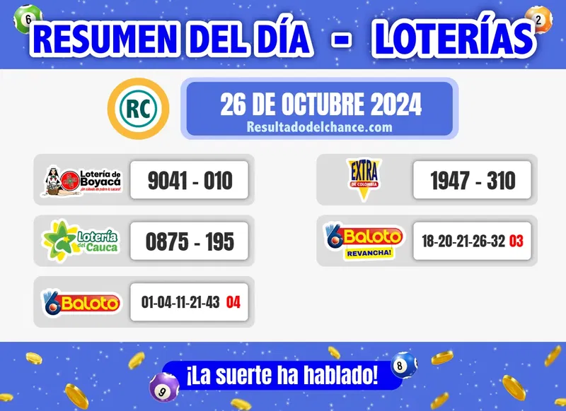 Últimos resultados de Loterías de Boyacá, Cauca, Baloto y Lotería Extra de Colombia del sábado 26 de octubre de 2024