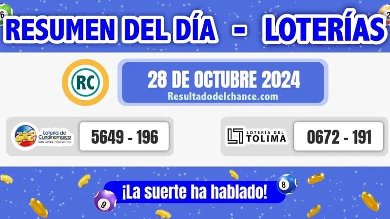 Últimos resultados de Loterías de Tolima y Cundinamarca de anoche lunes 28 de octubre de 2024