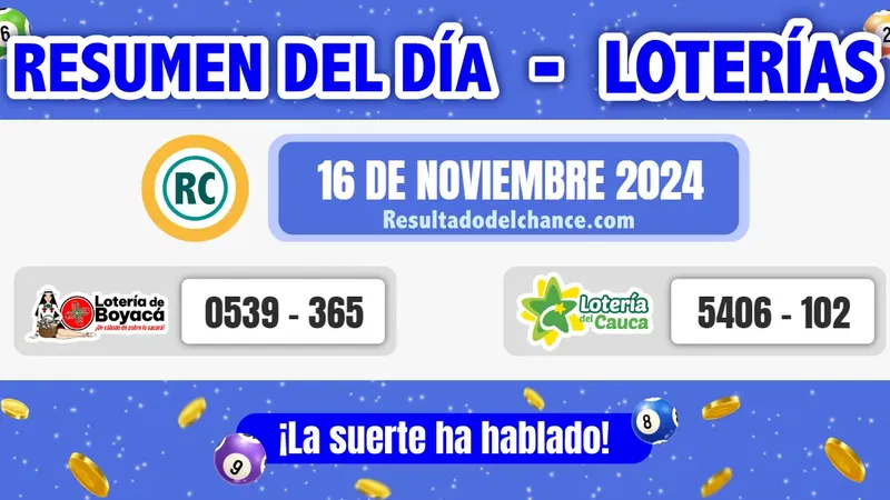 Resultados de Loterías de Boyacá y Cauca de ayer sábado 16 de noviembre de 2024