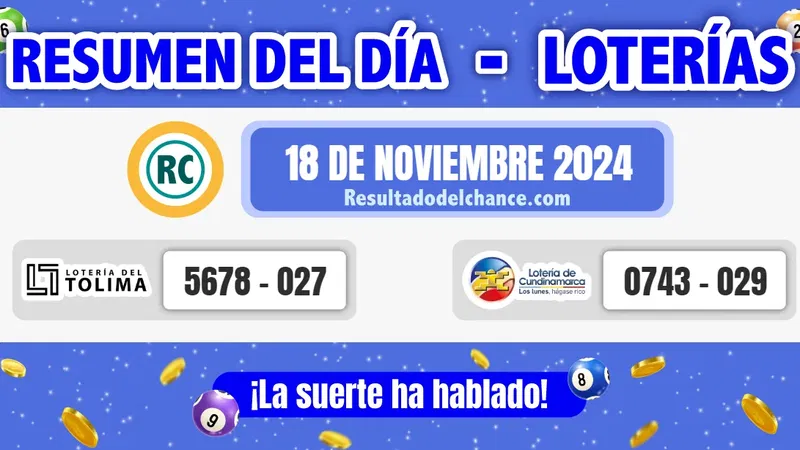 Últimos resultados de Loterías de Tolima y Cundinamarca de ayer lunes 18 de noviembre de 2024