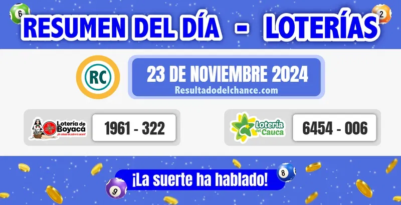 Resultados de Loterías de Boyacá y Cauca de ayer sábado 23 de noviembre de 2024