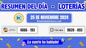 Últimos resultados de Loterías de Tolima y Cundinamarca de hoy lunes 25 de noviembre de 2024