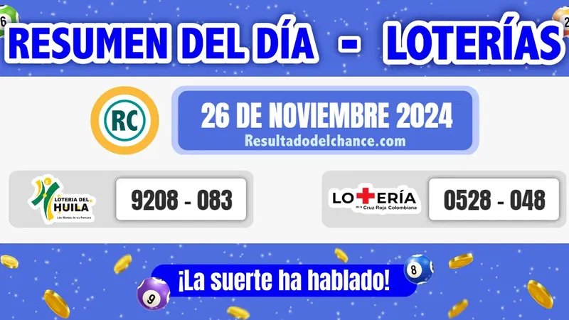 Últimos resultados de Loterías de la Cruz Roja y Huila de hoy martes 26 de noviembre de 2024