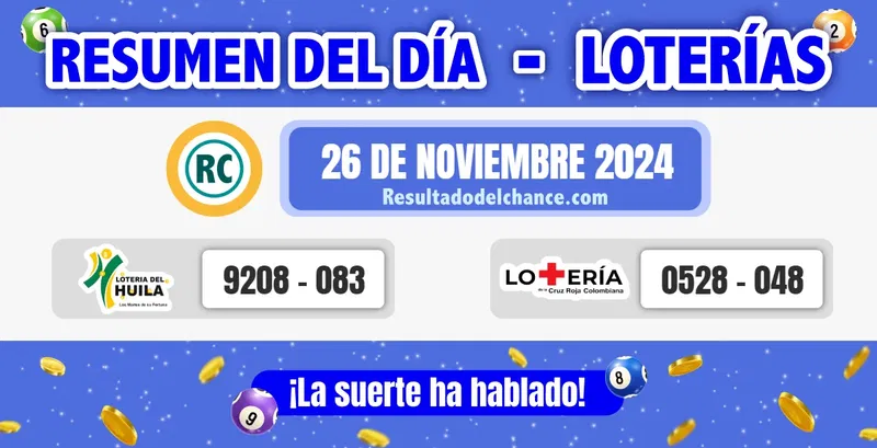 Últimos resultados de Loterías de la Cruz Roja y Huila de hoy martes 26 de noviembre de 2024