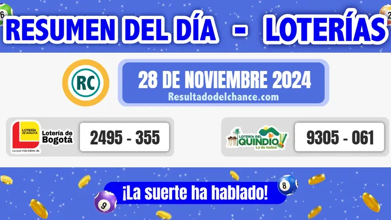 Loterías de Bogotá y Quindío de ayer jueves 28 de noviembre de 2024