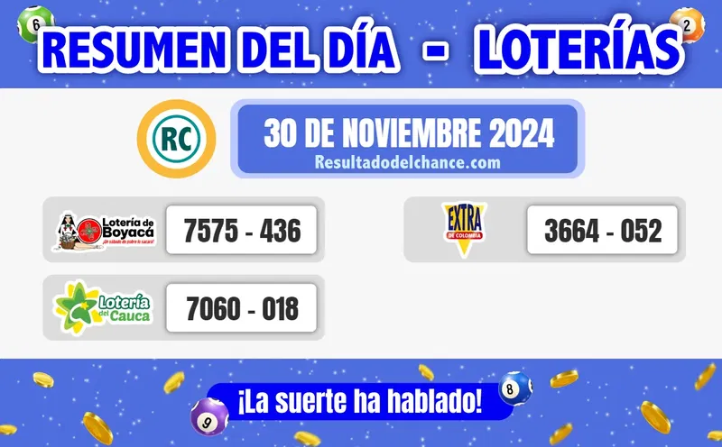 Loterías de Boyacá, Cauca y Lotería Extra de Colombia del sábado 30 de noviembre de 2024