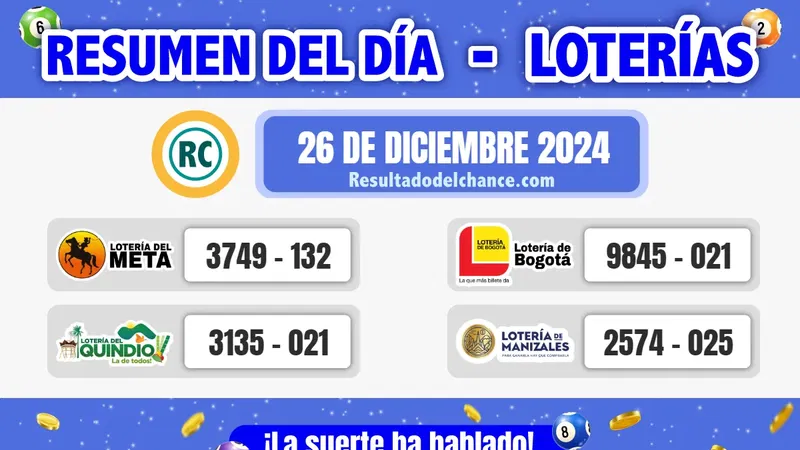 Resultados de Loterías de Bogotá, Meta, Manizales y Quindío del jueves 26 de diciembre de 2024