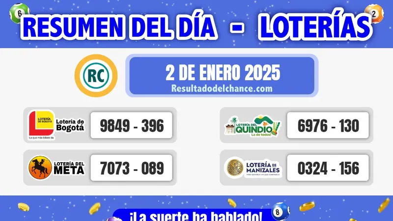 Loterías de Bogotá, Meta, Manizales y Quindío de hoy jueves 2 de enero de 2025