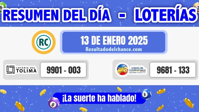 Últimos resultados de Loterías de Tolima y Cundinamarca de hoy lunes 13 de enero de 2025