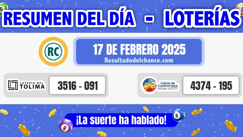 Últimos resultados de Loterías de Tolima y Cundinamarca del lunes 17 de febrero de 2025