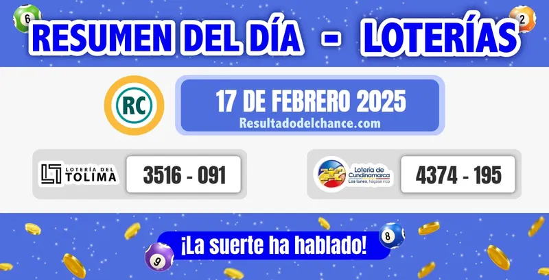 Últimos resultados de Loterías de Tolima y Cundinamarca del lunes 17 de febrero de 2025