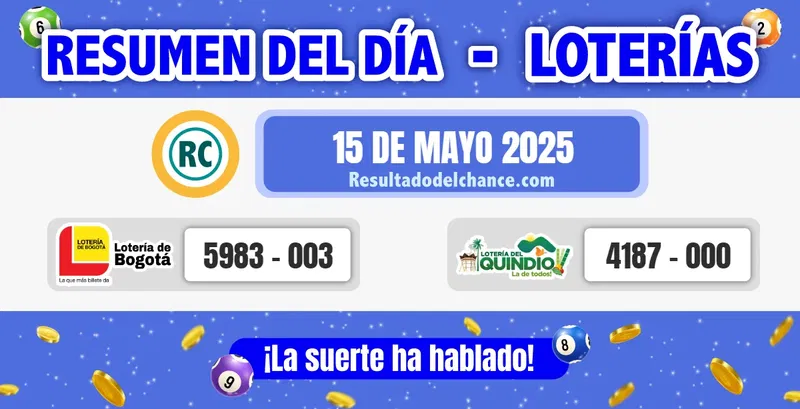 Últimos resultados de Loterías de Bogotá y Quindío de ayer jueves 15 de mayo de 2025