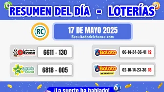 Resultados de Loterías de Boyacá, Cauca y Baloto de hoy sábado 17 de mayo de 2025