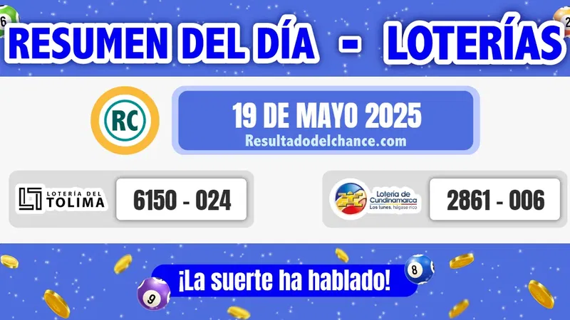 Resultados de Loterías de Tolima y Cundinamarca de anoche lunes 19 de mayo de 2025