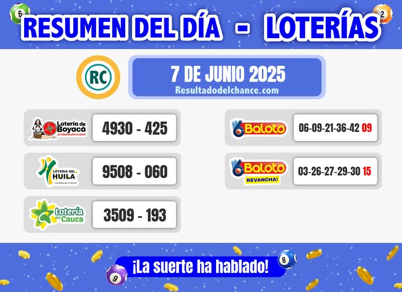 Loterías de Boyacá, Huila, Cauca y Baloto de hoy sábado 7 de junio de 2025