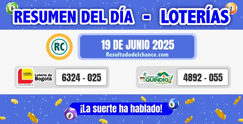 Últimos resultados de Loterías de Bogotá y Quindío del jueves 19 de junio de 2025