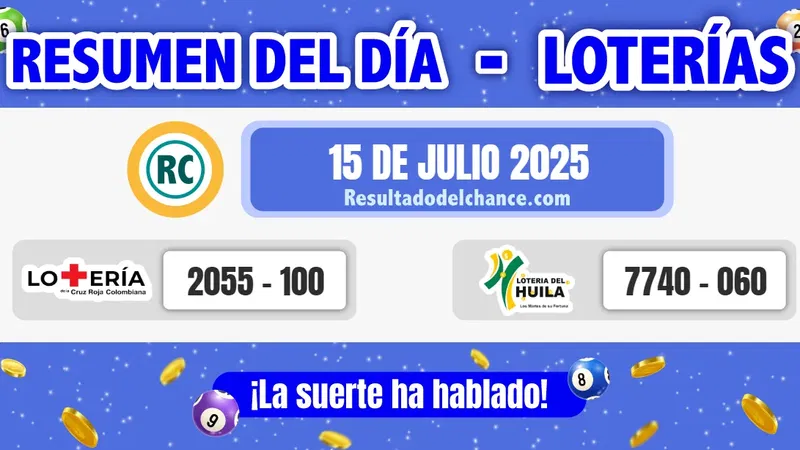 Últimos resultados de Loterías de la Cruz Roja y Huila de hoy martes 15 de julio de 2025