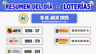 Resultados de Loterías de Meta, Valle, Manizales y Baloto de ayer miércoles 16 de julio de 2025