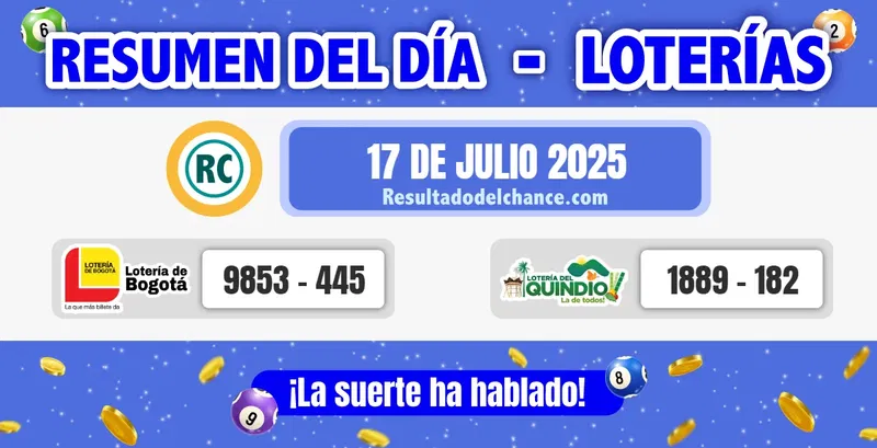Últimos resultados de Loterías de Bogotá y Quindío de ayer jueves 17 de julio de 2025