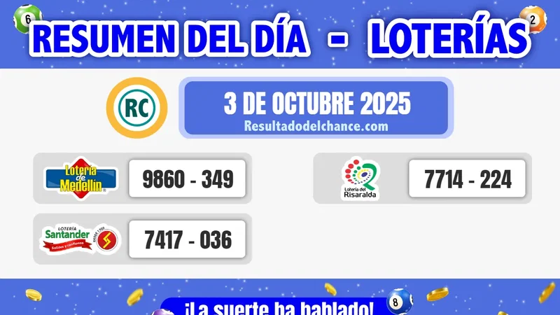 Últimos resultados de Loterías de Medellín, Risaralda y Santander de ayer viernes 3 de octubre de 2025