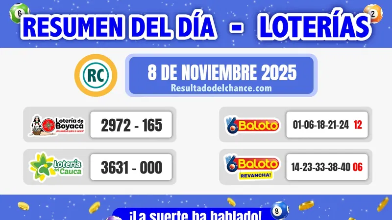 Últimos resultados de Loterías de Boyacá, Cauca y Baloto de hoy sábado 8 de noviembre de 2025