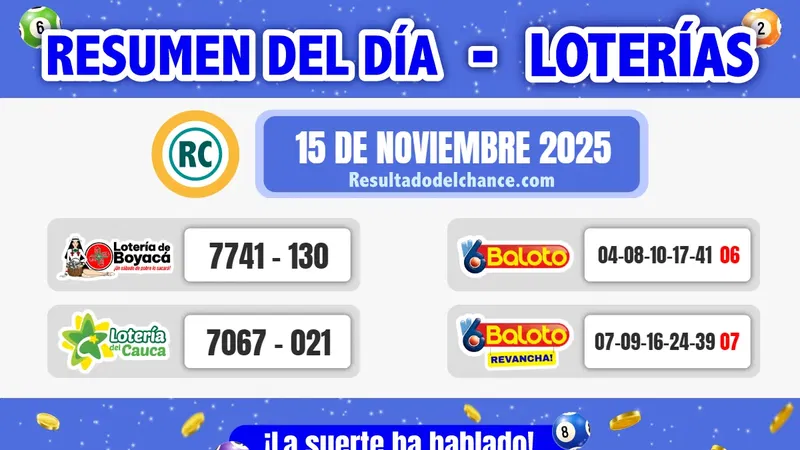Últimos resultados de Loterías de Boyacá, Cauca y Baloto de hoy sábado 15 de noviembre de 2025