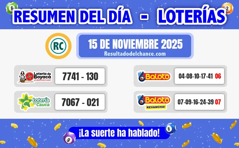 Últimos resultados de Loterías de Boyacá, Cauca y Baloto de hoy sábado 15 de noviembre de 2025