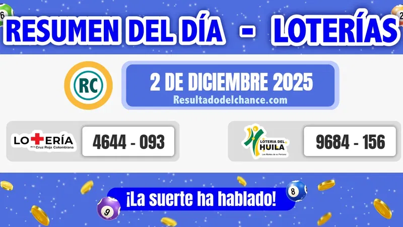 Loterías de la Cruz Roja y Huila de anoche martes 2 de diciembre de 2025