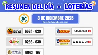 Loterías de Meta, Valle, Manizales y Baloto de ayer miércoles 3 de diciembre de 2025