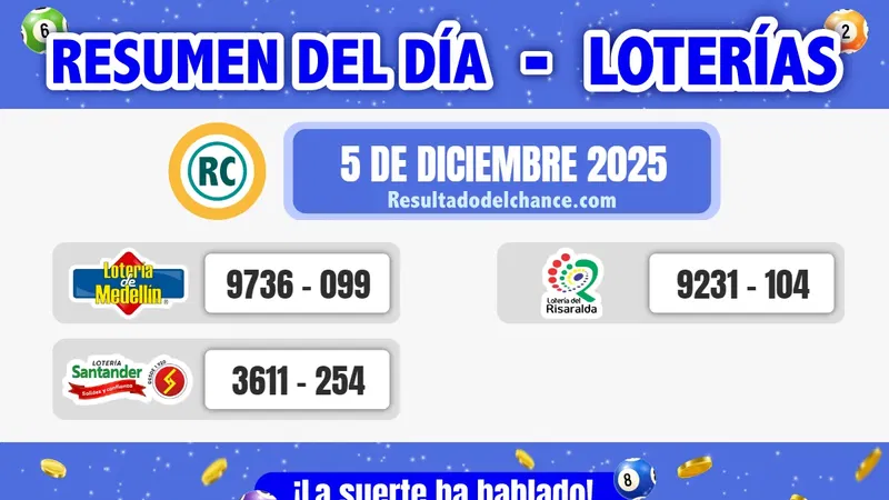 Últimos resultados de Loterías de Medellín, Risaralda y Santander de anoche viernes 5 de diciembre de 2025