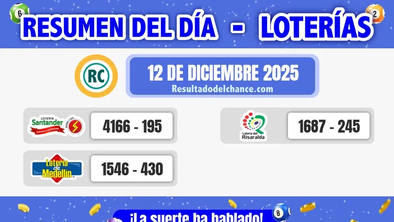 Loterías de Medellín, Risaralda y Santander de hoy viernes 12 de diciembre de 2025