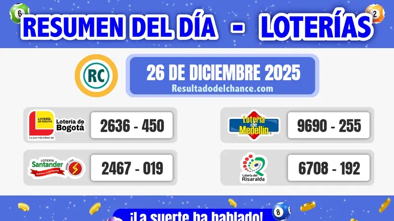 Resultados de Loterías de Bogotá, Medellín, Risaralda y Santander de anoche viernes 26 de diciembre de 2025