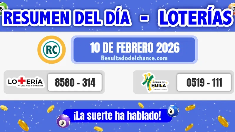 Últimos resultados de Loterías de la Cruz Roja y Huila del martes 10 de febrero de 2026