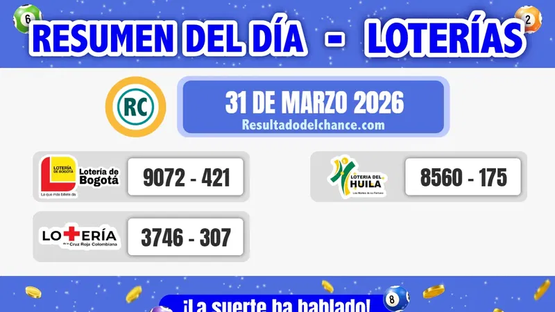 Últimos resultados de Loterías de Bogotá, la Cruz Roja y Huila de anoche martes 31 de marzo de 2026