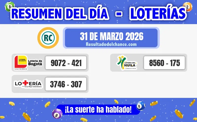 Últimos resultados de Loterías de Bogotá, la Cruz Roja y Huila de anoche martes 31 de marzo de 2026