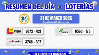 Últimos resultados de Loterías de Bogotá, la Cruz Roja y Huila de anoche martes 31 de marzo de 2026