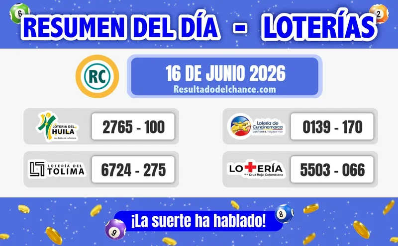 Loterías de Huila, Tolima, Cundinamarca y la Cruz Roja del martes 16 de junio de 2026